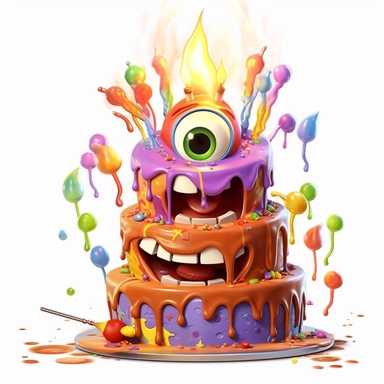 clipart of a messy two layer birthday cake, there is a funny face in the cake, candles, cartoon, for kids, funny, pixar, 8k, white background, sharp focus, detailed,