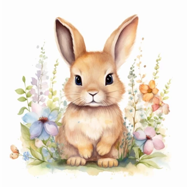 extremely cute bunny in an adorable hand painted watercolor style, surrounded by a beautiful natural setting featuring flowers. Use soft and pastel colors to create a warm and inviting feel. Make sure the animal is hand painted and has lots of personality, beautiful details, ultra detailed, ultra photo real intricate detailed, high definition, graphic clipart, hyper realistic,detailed, white background