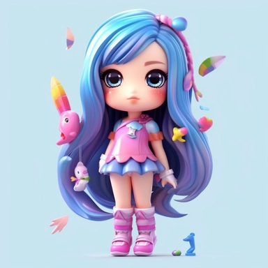 A cartoon 3D Korean cute girl in a blue dress,big eyes,long eyelashes,long black hair,elf-like girl,beautiful and cute,unique shape,white boots,hair with candy-shaped colorful hair clips,pink watch,purple necklace,carrying a transparent-colored unique shape school bag,colored earrings on the ears,and a personality headphones,I can't believe how cute it is! She's wearing stylish clothes,street trend style,and she's very happy with her smile,very charming!,Cartoon,Dreamy clouds,Vivid-Blue color,st