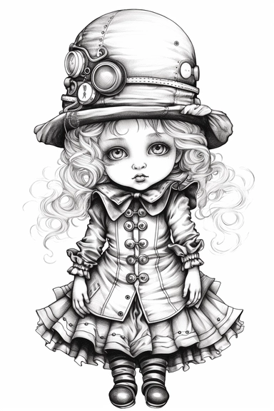 three quarter shot of a hand drawn coloring page vintage steampunk gorgeous european baby girl in a cute dress, clipart, white background