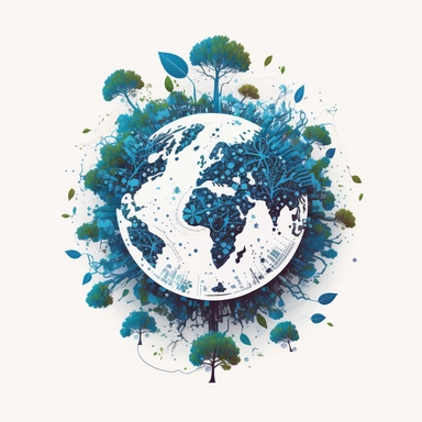 planet earth, tree, leaves, blue, simple, cosmos, particles, clean white background, digital, circuit board, icon, clipart, futuristic, 2D, flat, svg, sci-fi, 4k, vector,