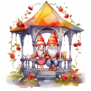Watercolor magical gnome couple sitting in a gazebo watercolor clipart on white background, vivid colors, enchanting scene clipart on a white background in the style of feminine sticker art, Tanya Shatseva, storybook illustration, red, white and caramel tones, Georgia O'Keeffe, colored line art, colored outlines, cottagecore design, watercolor on white background, crisp tones, sticker outline, colored line art, colored outlines, iridescent ombre, gradient shading, pure tone, vibrant digital art 