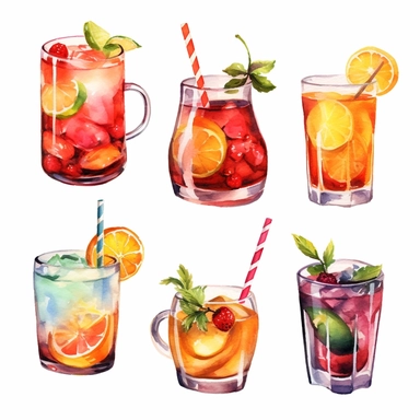 Alcohol cocktail collection. Watercolor illustration. Drinks clipart set on white background