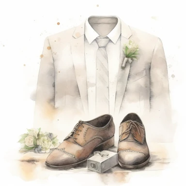 wedding watercolor graphics, subtle neutral pastel tones, sparklecore, embossed paper, Create a dashing wedding clipart featuring sleek and polished groom's shoes, exuding a sense of style and refinement, completing the groom's ensemble for a truly memorable wedding celebration, candid, multi-layered