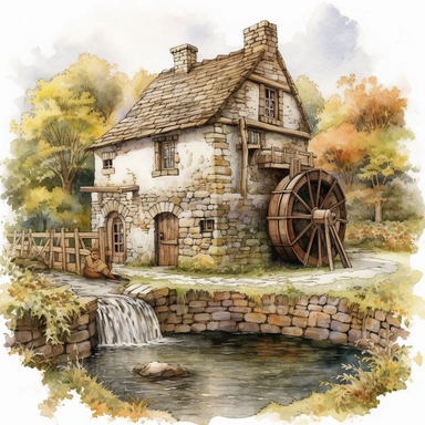 Highly detailed watercolor clipart artwork showcasing the beauty of an ancient medieval cottage with waterwheel surrounded by nature's tranquility. The cottage, situated alongside a calm and meandering river, features a charming waterwheel that turns gracefully, adding a touch of whimsy to the scene. The artist's meticulous attention to detail brings the rustic cottage to life, with textured stone walls, a thatched roof, and vibrant vegetation. Against a pure white background, clipart,