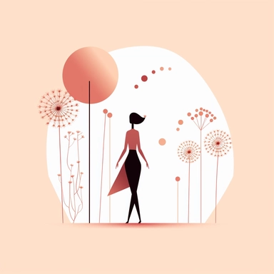 very basic forms illustration clipart, with very basic colours, light pink and brown shades, representing the success that women are constantly looking for, with a small silhouette of a lady walking towards the goals, with tiny flowers, very minimalist