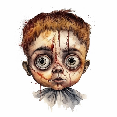 a headshot showing the scary face of a possessed male doll, watercolor, ultra high-detail, dark outlines, clipart