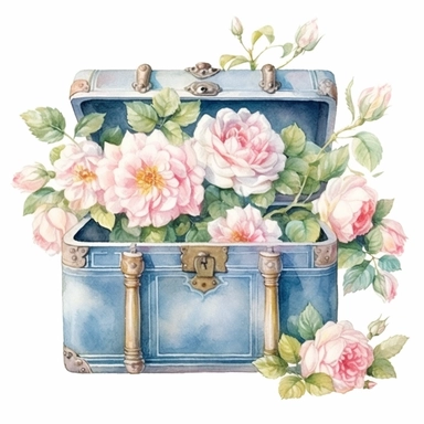 Empty open old blue/green pattern chest full of breathtaking english roses in pastel combo, clip art with white background,by ann buccarelli ,watercolor, white all around the chest, background ,watercolour, insanely detailed, on white background, amazing colour combo, with detailed watercolor blooms of spring garden flowers white/ pink/ green, bec winnel, intricately textured, close up, walter Langley, lucy grossmith, heavy impasto technique, detailed shading, atmospheric watercolours, on white 