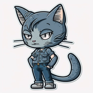 small cute anthropomorphic Chibi Russian Blue cat animal, dressed like a woman, wearing jeans and t-shirt, clipart, in sticker style, in comics style, cell shading