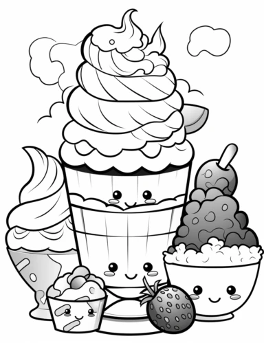 Kawaii Cake Icecream with delightful designs and flavors, like blueberry, chocolate chip, and banana For Simple Coloring page,line art, thick lines, black and white,clipart, illustration, on white background,margin Page 10px
