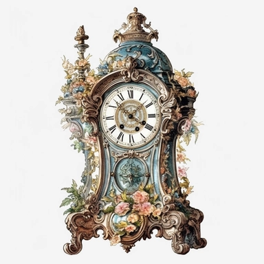 large french Louis XV era clock, Watercolor clipart, single design, print on demand image, PNG transparent background, white background