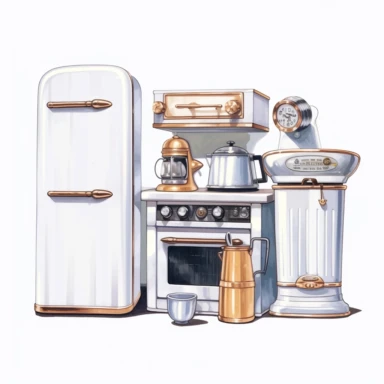 beautiful vintage old hollywood home appliances, paint art style, clipart, white background, superrealistic, one of a kind