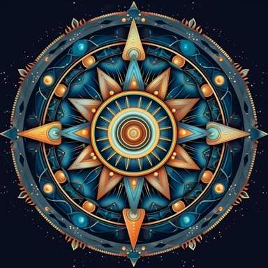 a cosmic compass mandala, clip art, isolated on navy blue