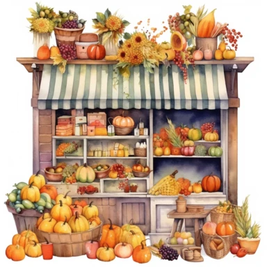 An intricately detailed watercolor clipart illustration displaying an ultra-realistic [specific design idea, like stores are decorated for thanksgiving  ], isolated on a white background, in the style of ultra-detailed watercolor clipart illustra tions, HDR watercolor clipart illustrations, 32K watercolor clipart illustrations, hyperrealistic watercolor clipart illustrations, ultra-intricate watercolor clipart illustrations, high-resolution watercolor clipart illustrations, high-definition water