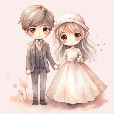 full body Little bride and groom, Watercolor Clipart, strybk, full Illustration, 4k, sharp focus, watercolor, smooth soft skin, symmetrical, soft lighting, detailed face, concept art, muted colors, watercolor style, strybk, children's style fairy tales, chibi kawaii, . Octane rendering, 3d. Perfect face, detailed face, delicate face, perfect sharp lips, detailed eyes. Craig Davison, Aubrey Beardsley, Conrad Roset, Aikut Aidogdu, Agnes Cecil, watercolor style