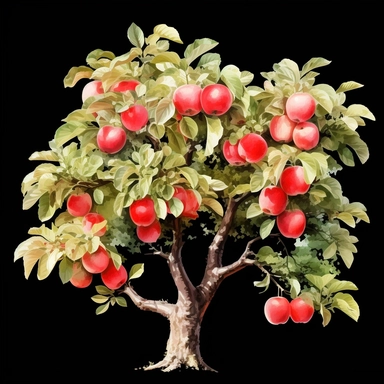 Watercolor apple hanging from a tree clipart, white background, realistic with high details, beautifully colored with strong palette pastel colors, 32k hd