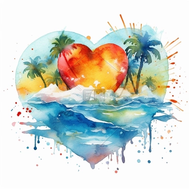 Retro Beach, Beach Heart, Sunshine, Watercolor beach heart clipart, hd, on white background, spaced out ar 3:2-- s1000