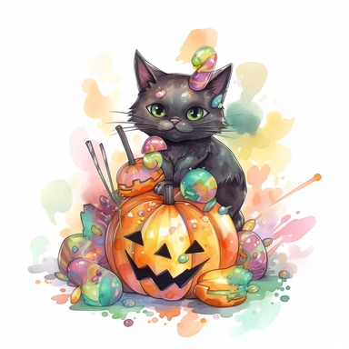 hand drawn large Halloween pumpkin, pumpkin is filled with colorful wrapped candies, lollipops, and candy corn, inside the pumpkin is a cute little black kitten with big green eyes, scattered candy is laying flat around the pumpkin, Halloween colors, magic, fantasy, watercolor, clipart style, white background with margins