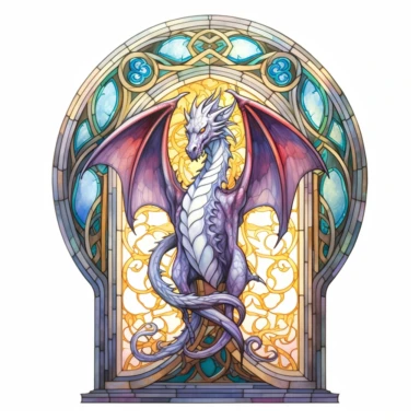 Gothic arched doorway window with a captivating stained glass-inspired dragon artwork clipart on a white background. light colors simlisistic design showcasing transparency, simplicity, and vibrant luminous colors in a stained glass style. The dynamic hues bring the dragon to life within the arched doorway window.