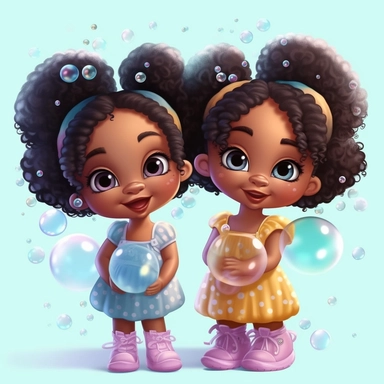 realistic, cinematic, 8k, clipart, Cute Black Twin Girls Bubble Art, African American twin girls, clipart, splash colorful background, Chibi and Kawaii Style, png, white background