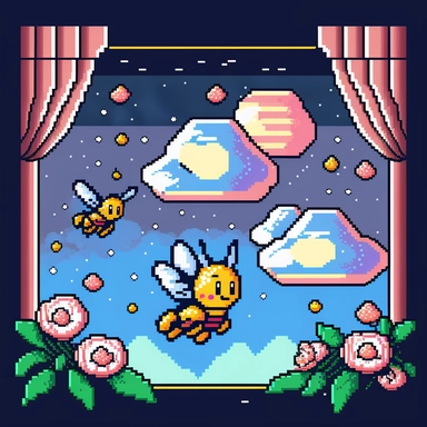 an image of a game screen with stars and clouds, pixel art, by Sailor Moon, tumblr, painting big bees flying around, winamp skin, raining outside the window, ( collage ), fairy wings, buggy, bloomy, bad dream, chimney, kawaii colors, it is flying through space, clipart