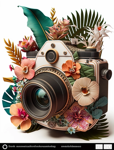 clipart of an old fashioned photo camera 1 photo lens only, surrounded by an intricate arrangement of dramatic extravagant digital 3D tropical flowers, in the style of large-scale photography, lush detailing, cartoon style, playfully intricate, made of flowers, bloomcore, exotic ambiant, 8K, white background