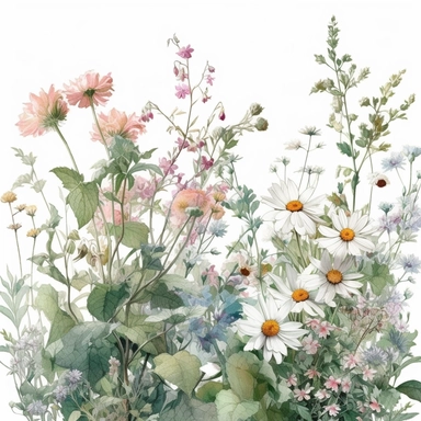 a simple gorgeous elegant flower border arrangement lining up with wildflowers and flowers, and green foliage on white background clipart, Soft and whimsical pastel shades like baby pink, mint green, and pale blue color theme, watercolor painting, oil painted, high quality, vibrant, Vicente Romero Redondo, Willem van Aelst, Elsa Beskow