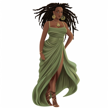clipart fat dark skinned black woman with long dread locks in olive green dress