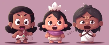 cute indian characters clipart, in the style of traditional techniques reimagined, dark white and light magenta, firecore, humanistic empathy, #vfxfriday, neogeo, humble charm