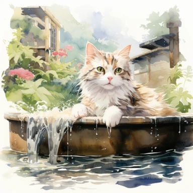 Domestic Shorthair cat happily soaking in the famous open-air hot spring in Niigata, Japan, Clipart Watercolor By Yuzo Komori. clean line, white background, spaced out