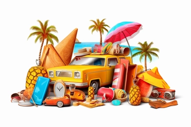 beach vacation clipart png ai download free vector graphics 3d, in the style of surreal still life compositions, 3840x2160, bold, colorful, large-scale, made of rubber, white background, high quality photo, packed with hidden details
