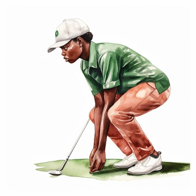 Idyllic watercolor clipart of a young modern African american golfer in close fitting sports golf clothes putting the golf ball into the hole on the putting green, isolated on a pure white background, insane detail,