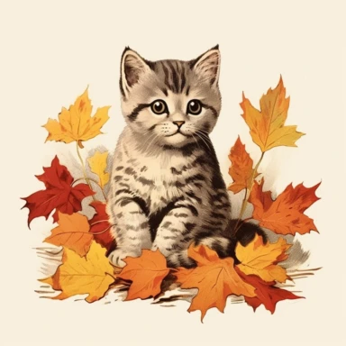 autumn themed scottish fold kitten, vintage clip art