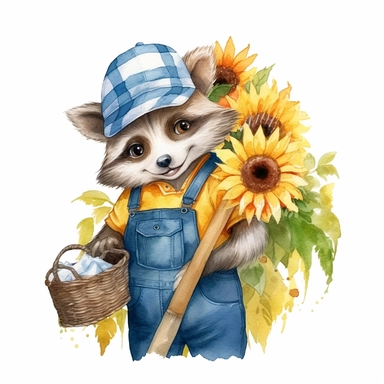 a playful watercolor clipart image with a white background, showcasing a cute cartoon mischievous raccoon gardener hiding behind a sunflower, peeking out with a mischievous smile.