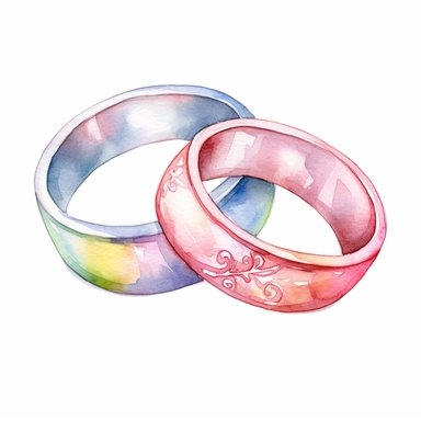 Generate a pastel watercolor clip art image of a pair of pastel-colored wedding bands with delicate watercolor patterns, with a transparent background.