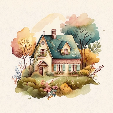 watercolor illustration, country house clipart, cute, adorable, high quality, for children, soft brush texture, soft colors, only the element on solid cream background
