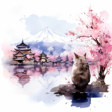 Watercolor Cute Ragdoll Cat sitting at her back in a wide window, and watching Mount Fuji in Japan, Chureito Pagoda and Spring cherry blossoms, lake reflection of everything, architecture of houses, pink leaves flying in the air, Clipart Watercolor By Yuzo Komori. clean line, white background, spaced out
