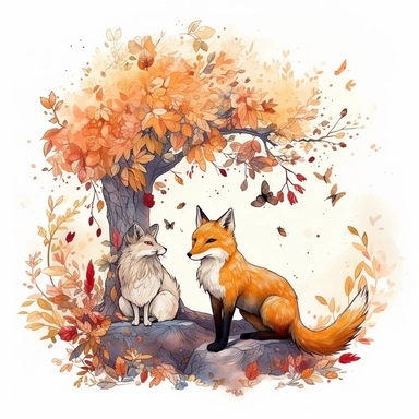 A whimsical scene of a fox and a rabbit sitting on a tree branch, surrounded by a flurry of leaves and flowers. The fox and rabbit are rendered in Marumiyan's signature style, Clipart, 8k, HD, white background