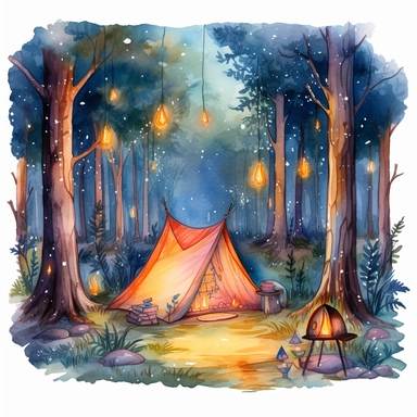 fairy camping in the woods by night with fairy lights and fire clipart watercolor