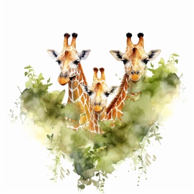 Giraffes, multiple, stretching their necks to reach leaves, watercolor, clipart, on a white background.