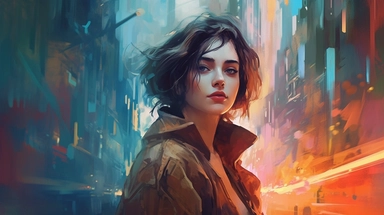 beautiful stunning pretty vintage, futuristic bladerunner style young woman, paint art style, clipart, city landscape background, superrealistic, one of a kind