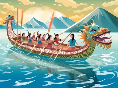 new year dragon boat traditional clip art, in the style of narrative-driven visual storytelling, quito school, illustrated advertisements, creative commons attribution, digitally enhanced, storybook illustration, 2d game art