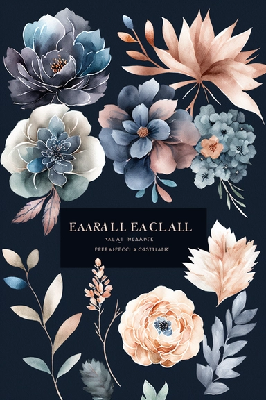 watercolor pastel flowers 2d clipart, floral clipart watercolor illustration, on white background, high res, in dark blue, cobalt blue and duck egg colors with dusty pale terracota color accents,