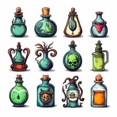 Witches inventory, flasks, illustrated clipart, minimalist, isolated white background, 8k