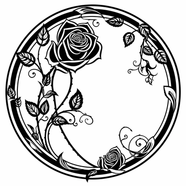 Left aligned, bottom aligned, quarter of a circle, art nouveau style, black lines, detailed, flat design, flat, rose flower, white background, Black and white only, simple design, clipart style,