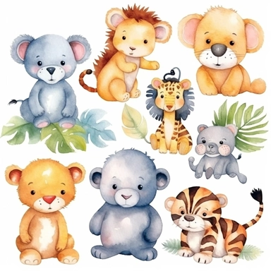 Watercolor baby jungle animals , illustrations clipart set, simple , cartoon elements, different variants , , separate elements with a margin