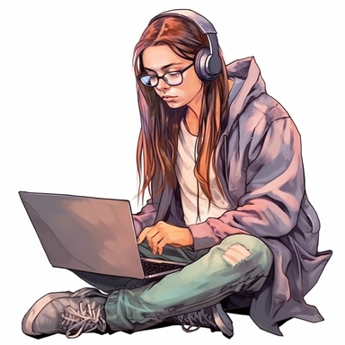 girl working on a laptop, cool hacker clothes, long hair, glasses, watercolor style, clipart solid white background