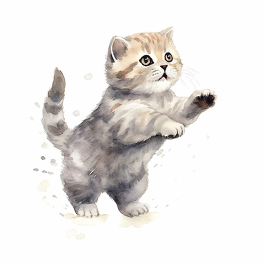 hand painted watercolor clipart, cream white gray colored scottish fold kitten jumping in the air and leaping forward wants to grab something, profile view, excited expression on face, childlike innocence and excitement, full body visible, hairs are visible, visible tail, I can't believe how cute, professional watercolor drawing, watercolor paper texture on drawing, isolated on white background