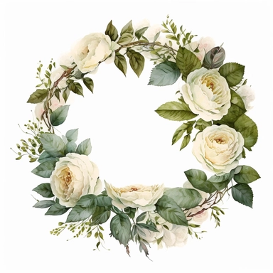realistic hand painted watercolor of a wreath of david austin english white roses, clean white background, clipart
