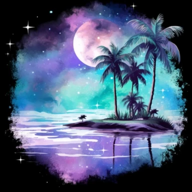 captivating scene of a holographic beach at nighttime. watercolor clipart. watercolor clipart. The lighting should be normal, capturing the serene ambiance of the nighttime setting. The colors should be magnificent, incredible, and relaxing, evoking a sense of tranquility and beauty. The focus of the composition should be a clear view of the water, showcasing the holographic effect with its shimmering and iridescent qualities. Add a touch of magic by depicting the moon leaving a gentle glow on t